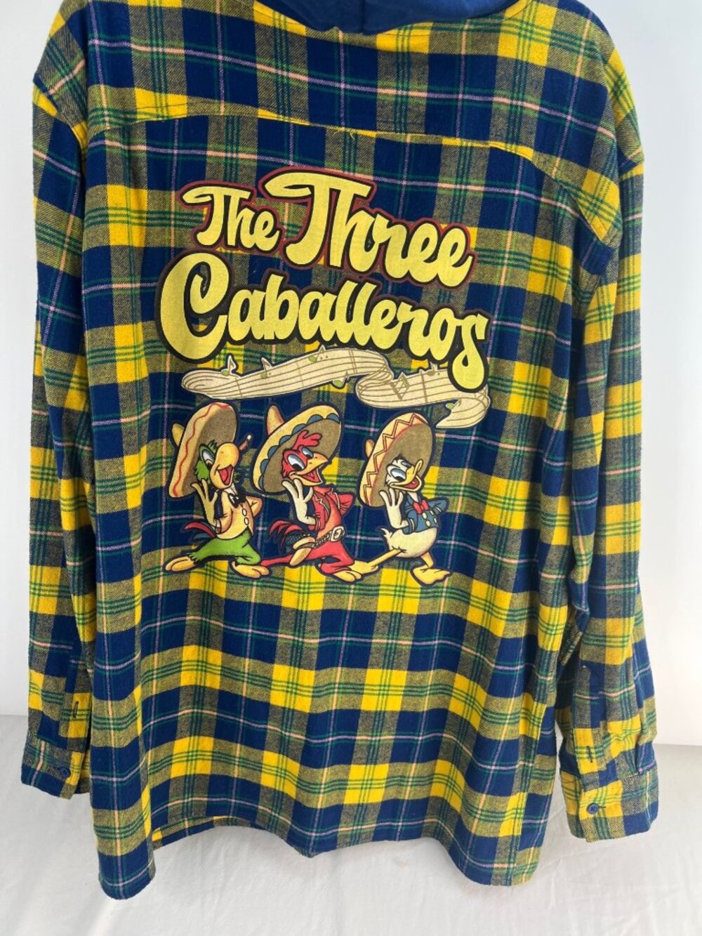 Disney The Three Caballeros Plaid Zip-Up Hoodie Shirt Yellow & Blue Size L